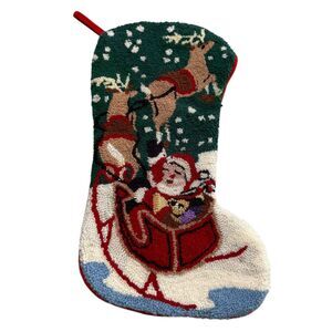 Vintage Santa Sleigh Reindeer 18" Christmas Stocking Loop Punch Needle Kitschy